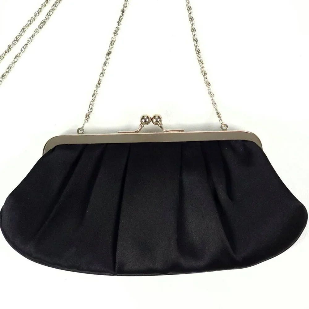 Sasha New‎ York Black Satin Bow Evening Clutch Bag Silver Chain Kiss Lock